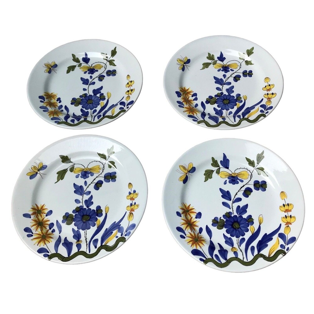 Vintage Italy 4 Hand Painted Salad / Dessert Plates Blue Yellow Floral Insect